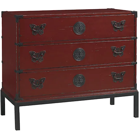 Three-Drawer Papillon Rouge Hall Chest with Solid Brass Butterfly Hardware